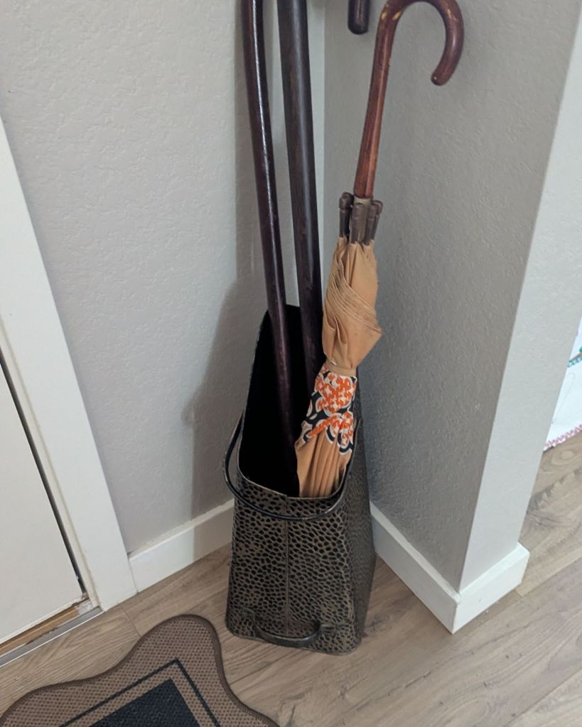 Bronze textured stand holding a wooden cane in entryway